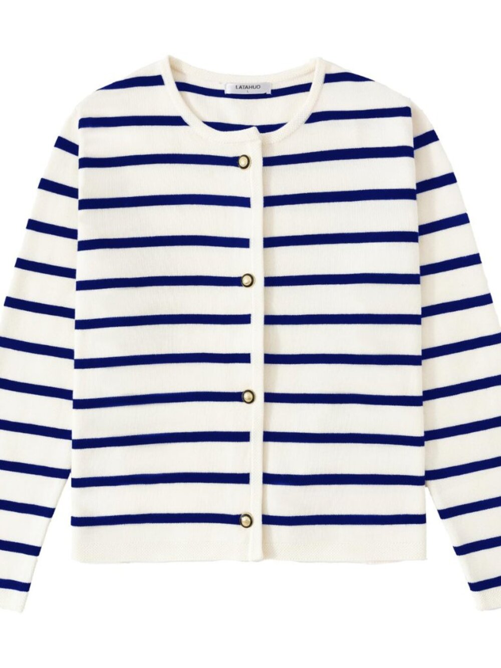 Women's Striped Cardigan Sweater Trendy Long Sleeve Button Down Crewneck Knit